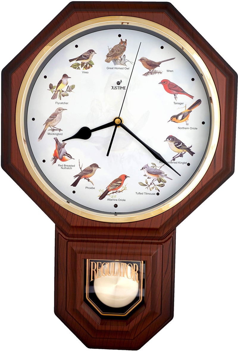 JUSTIME Unique 12 North America Bird's Song Schoolhouse Pendulum Wall Clock Chimes Every Hour Melody Made in Taiwan (TCBD-PP-OWL-DW Dark Wood) - Image 1